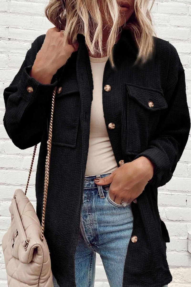 Black Corduroy Flap Pocket Button Up Shacket - Love Salve